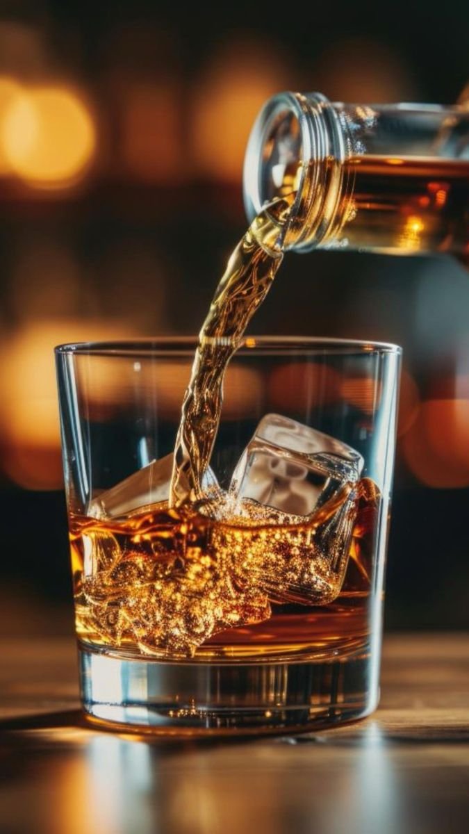 Aged whiskey poured over ice