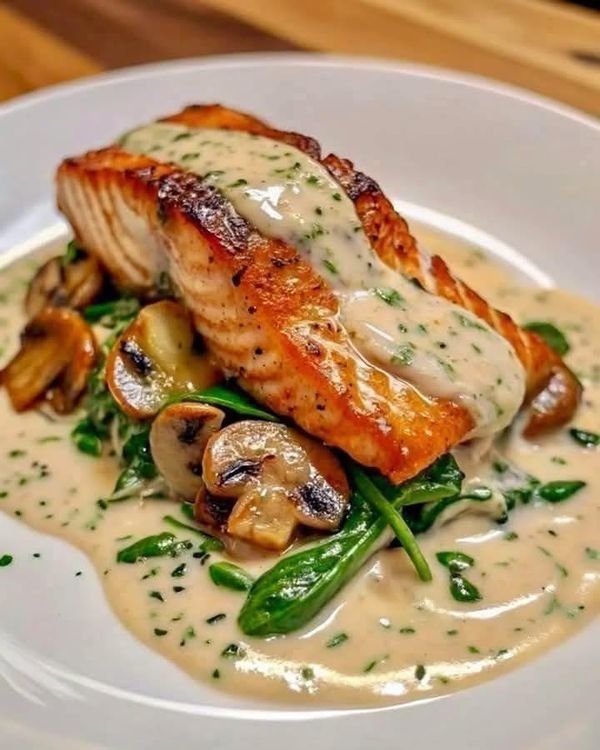 Pan-seared salmon with creamy mushroom sauce